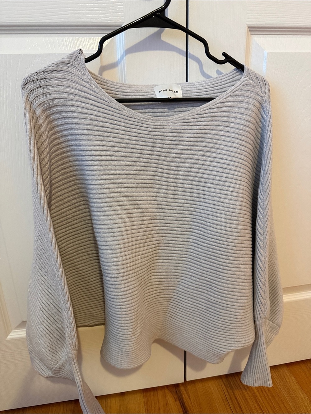 Pink Rose Light Gray Ribbed Scoop Neck Sweater